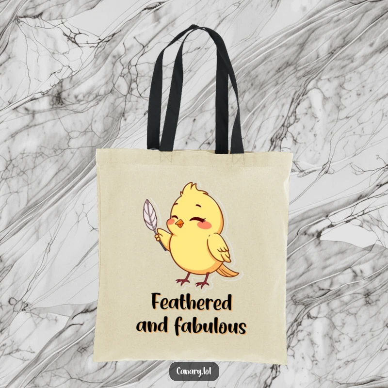 Funny canary bird tote bag, winking and holding a single, perfect feather, ideal for everyday use.