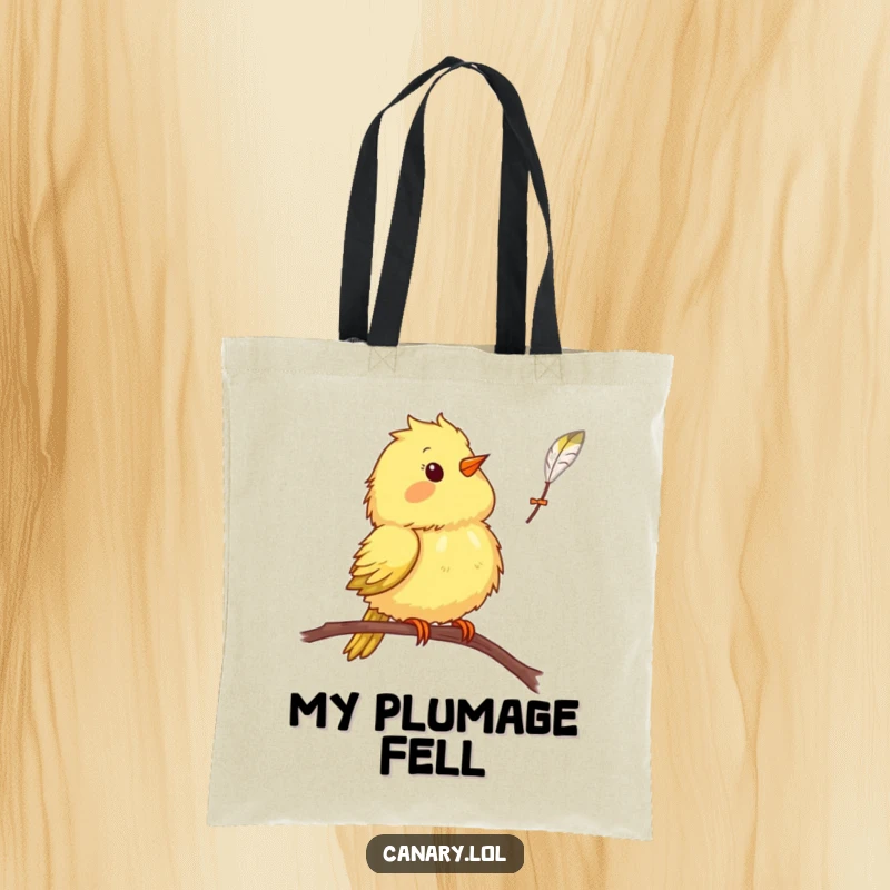 Funny canary bird tote bag, surprised reaction to a feather, reusable shopping bag, humorous animal artwork.
