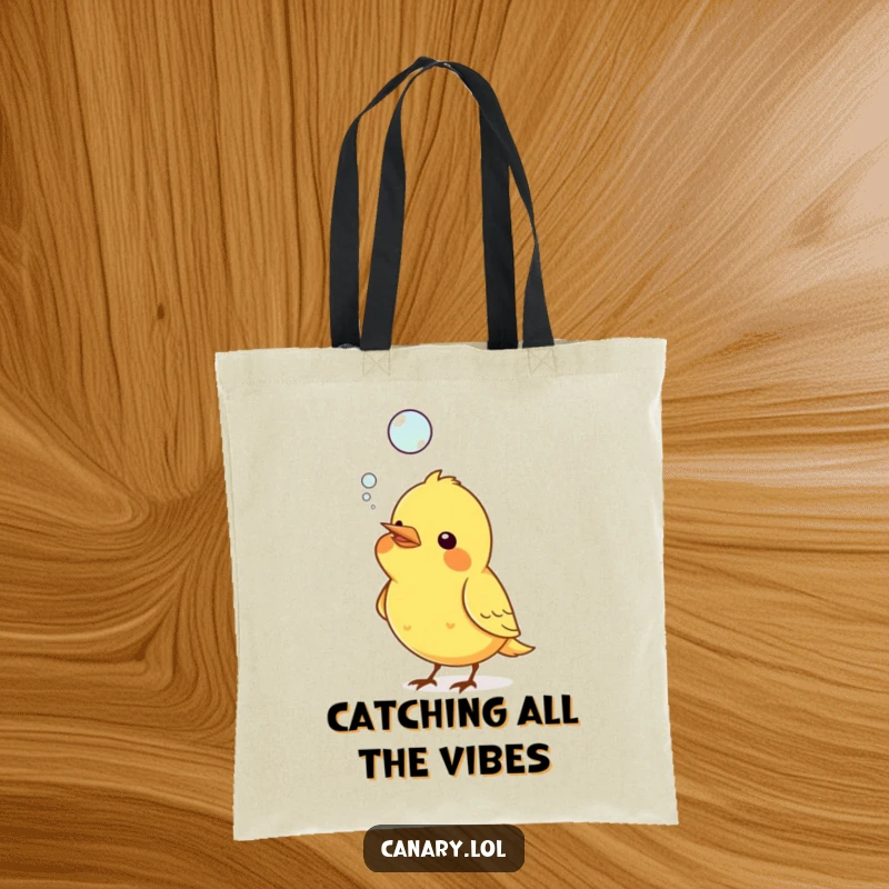 Funny tote bag with a canary bird blowing a floating bubble from its beak, showcasing a playful and humorous scene.