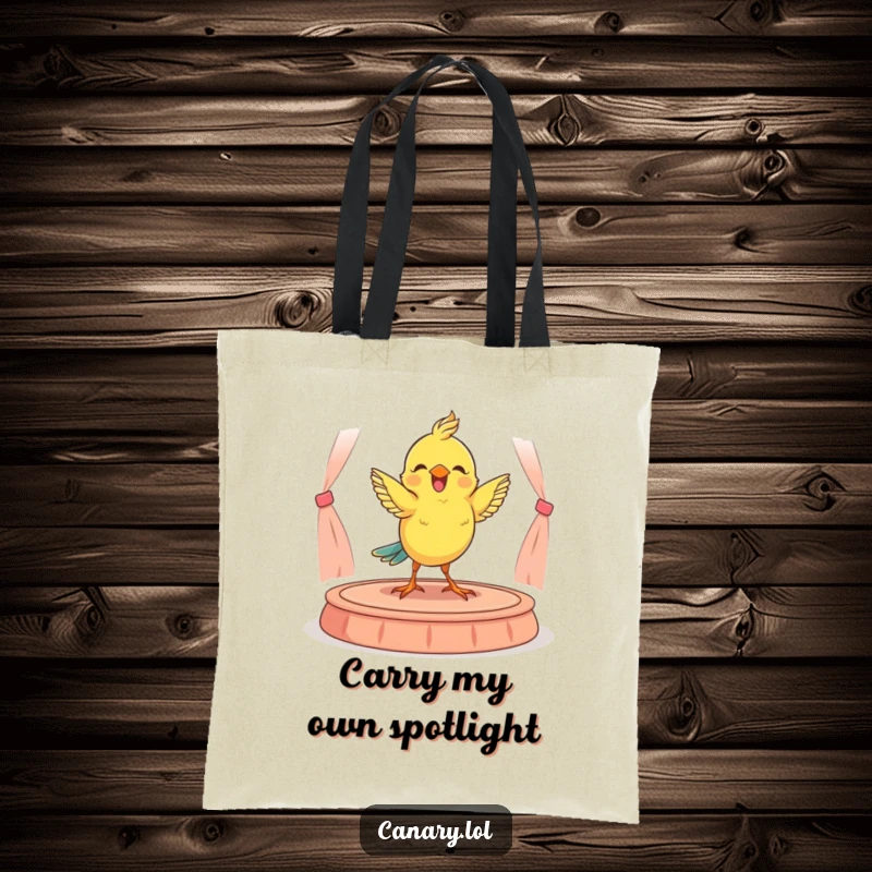 Funny tote bag featuring a delightful canary performing a jaunty dance on a small, charming miniature stage, perfect for carrying goods.
