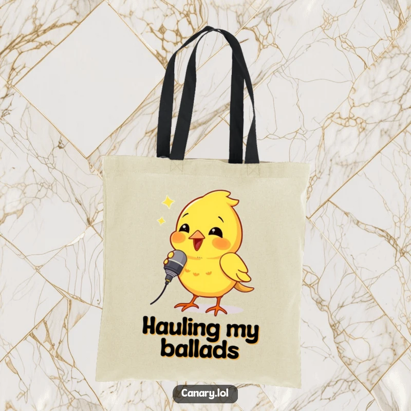 Funny tote bag with a canary bird holding a tiny microphone and singing with gusto, capturing a humorous performance.