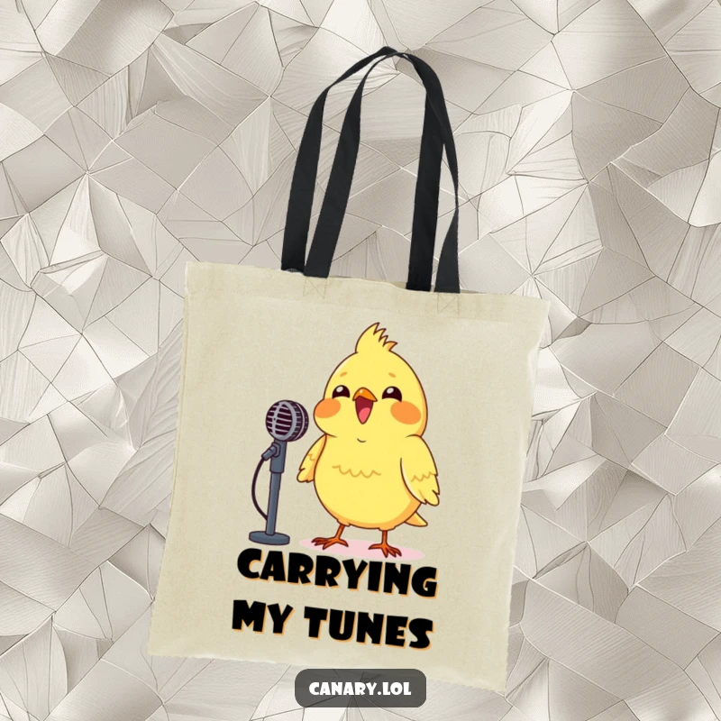Funny Canary Microphone Tote Bag featuring a happy canary singing into a mic, perfect for carrying music gear.