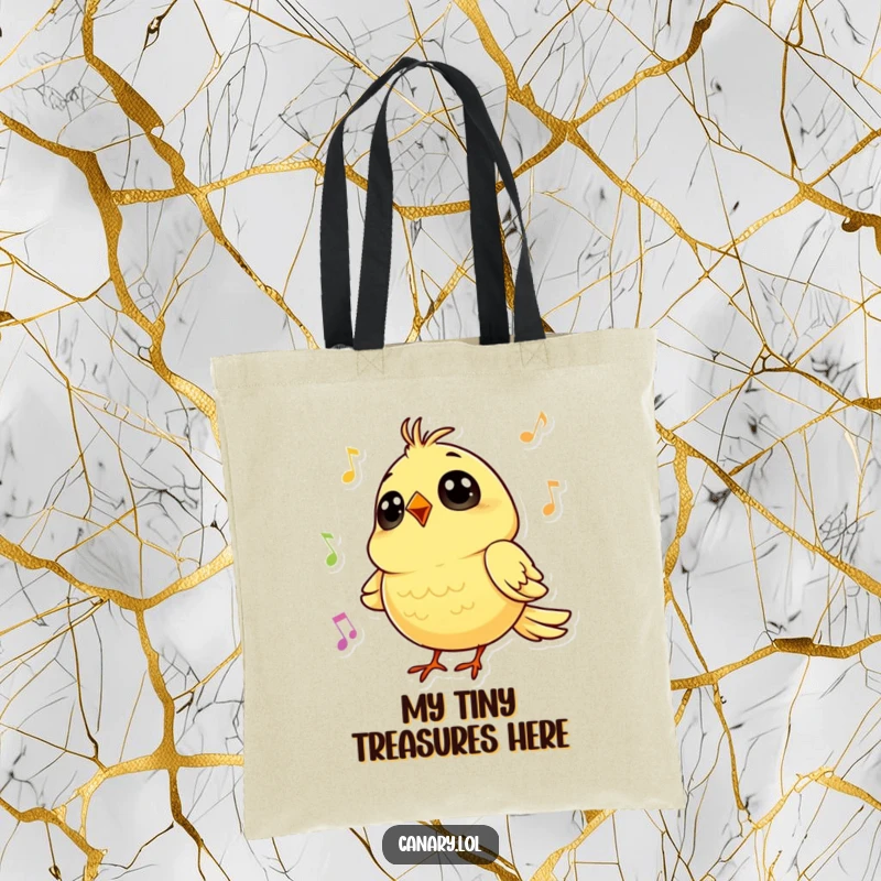 Funny tote bag with a tiny canary, big round eyes, singing a cheerful tune, perfect for carrying essentials musically.