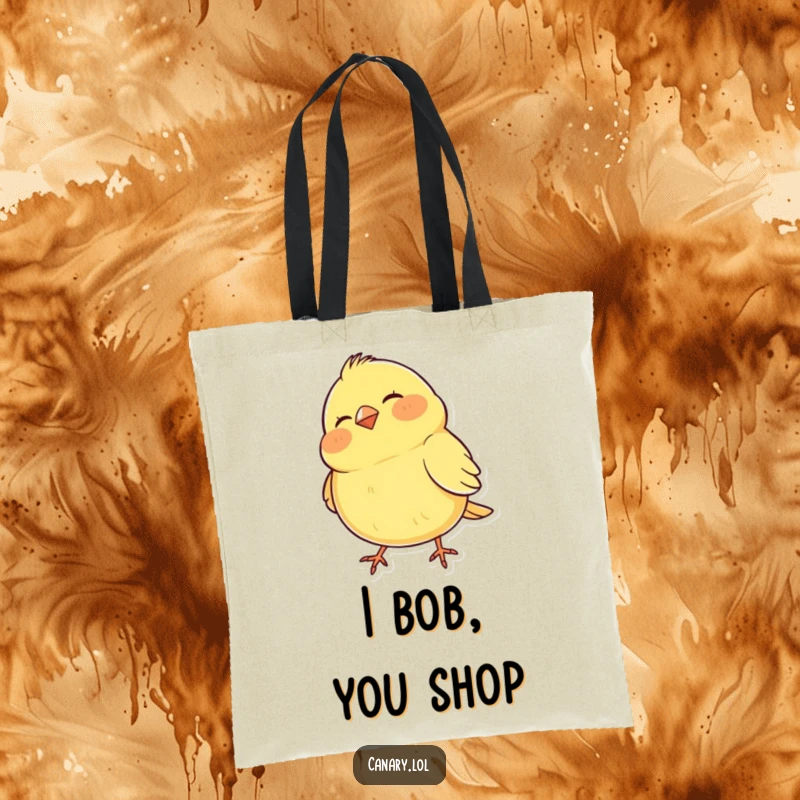Funny Tote Bag featuring a cheerful canary with puffed cheeks, enthusiastically bobbing its head, perfect for carrying groceries with humor.