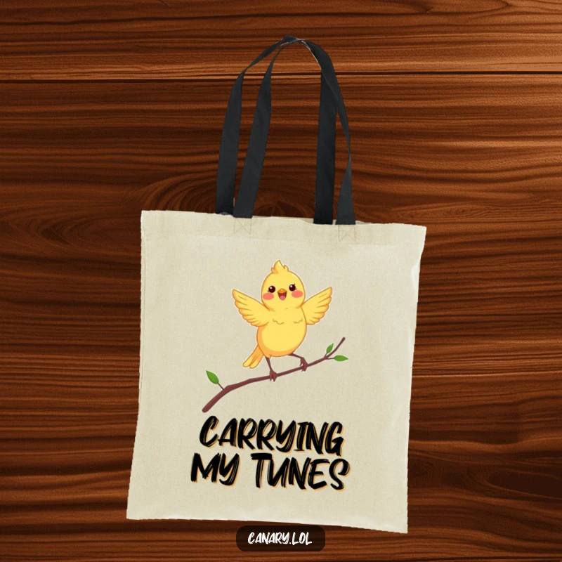 Funny canary tote bag depicting a happy yellow bird in mid-dance on a slender, swaying branch.