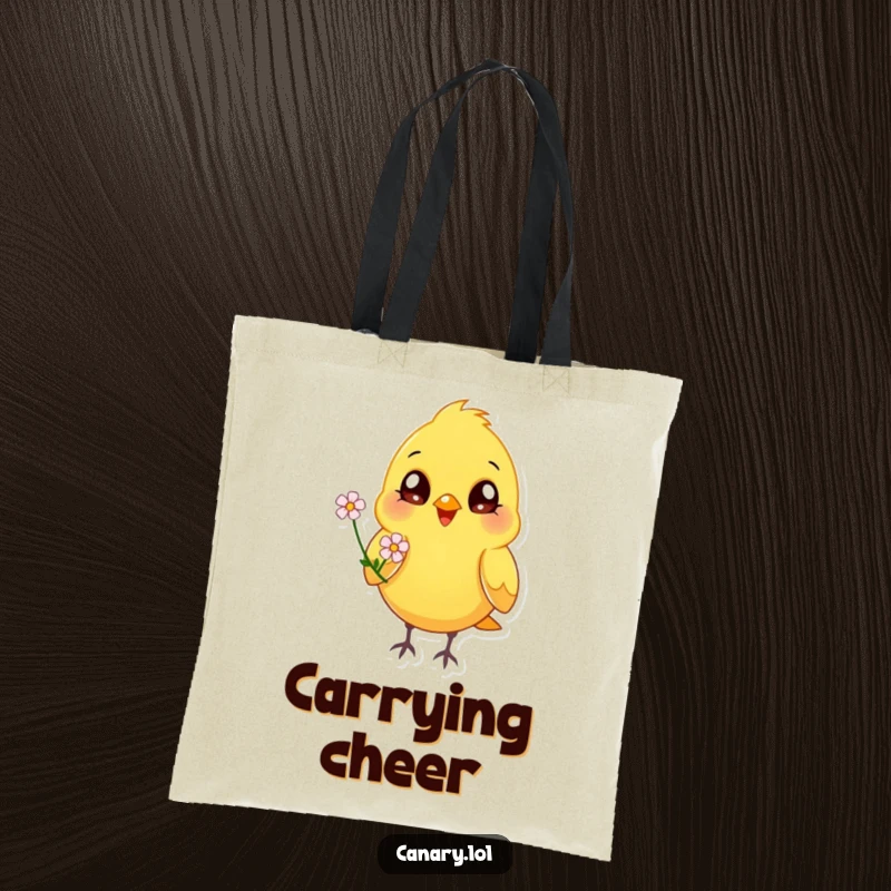 Funny happy canary bird tote bag, bright eyes, offering a flower, cheerful reusable bag, animal artwork.