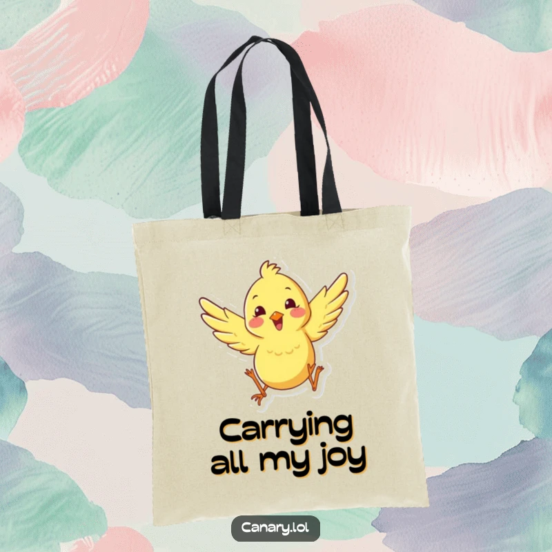 Funny happy canary leaping tote bag with wings spread, showcasing a joyful bird, perfect for carrying essentials with a humorous, energetic flair.