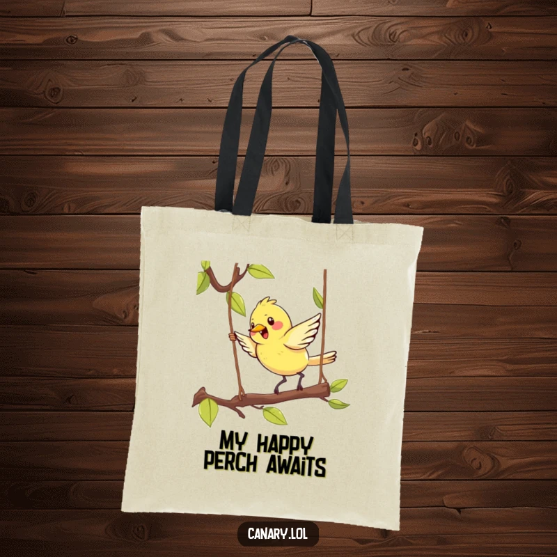 Funny Kawaii Canary Tote Bag featuring an adorable bird energetically hopping on a swinging branch, perfect for carrying daily items with flair.