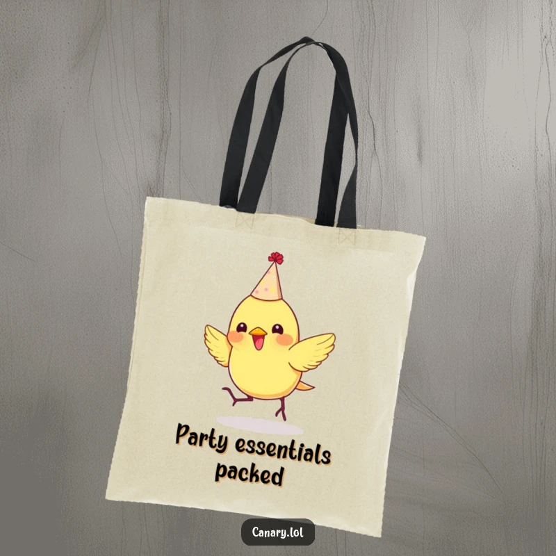 Funny tote bag with a tiny canary in a party hat, bouncing enthusiastically, perfect for carrying party goodies.