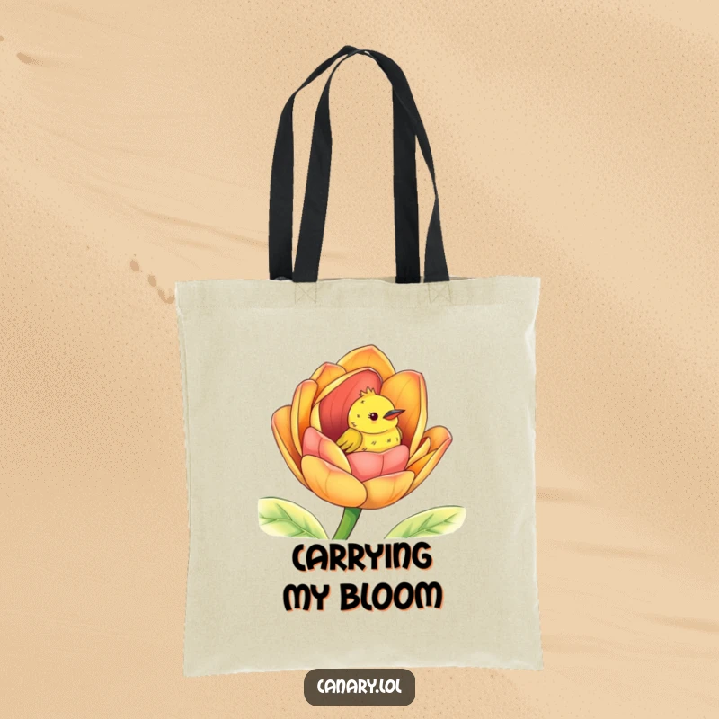 Funny peek-a-boo canary tote bag, cute bird peeking from a giant colorful flower bud, carrying essentials.