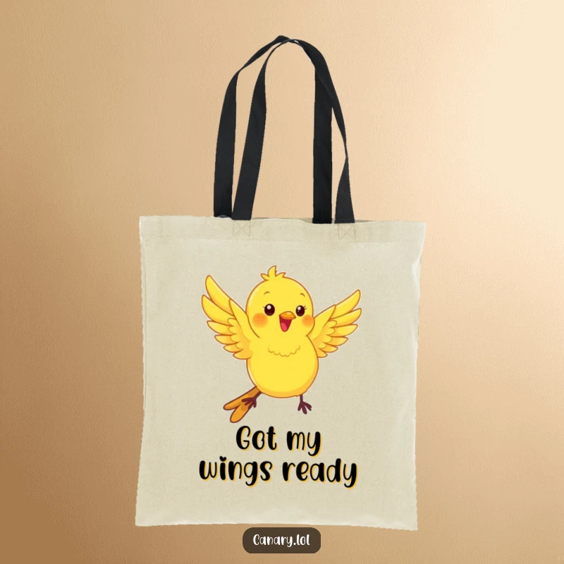 Funny kawaii canary bird tote bag, wings fluttering with playful energy, a humorous and practical accessory.