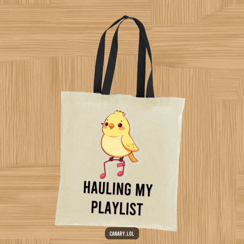 Funny canary tote bag featuring a pleased yellow bird sitting serenely on a small musical note.