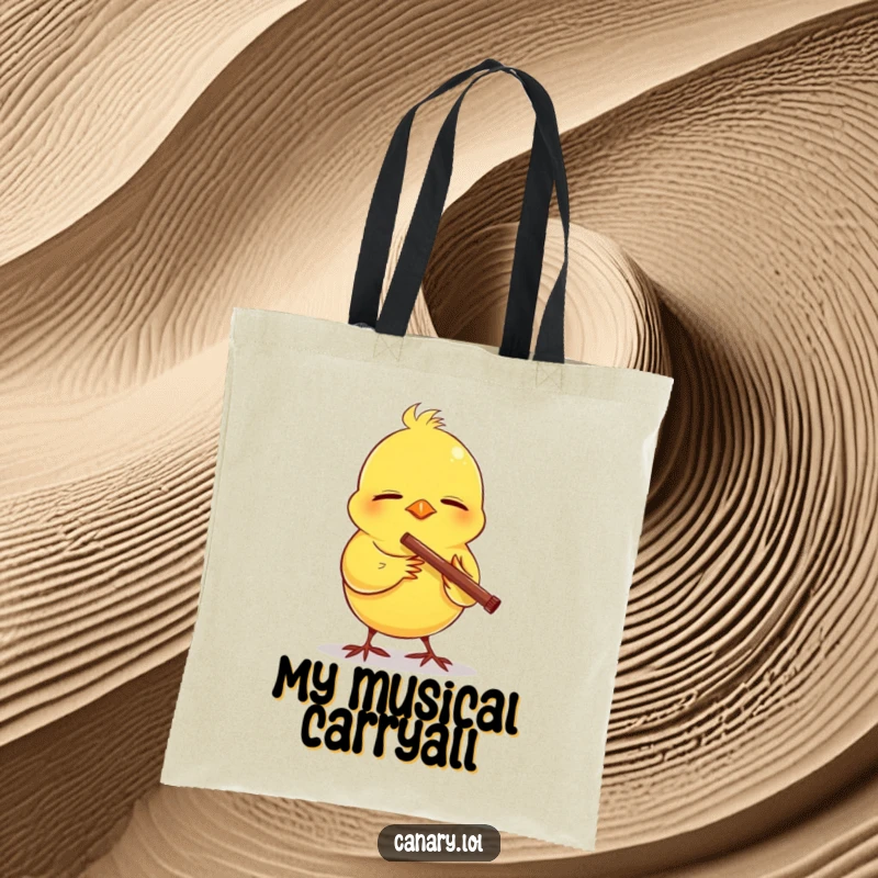 Funny tote bag featuring a happy canary with its eyes closed, gracefully playing a tiny flute, a portable source of cheerful music.