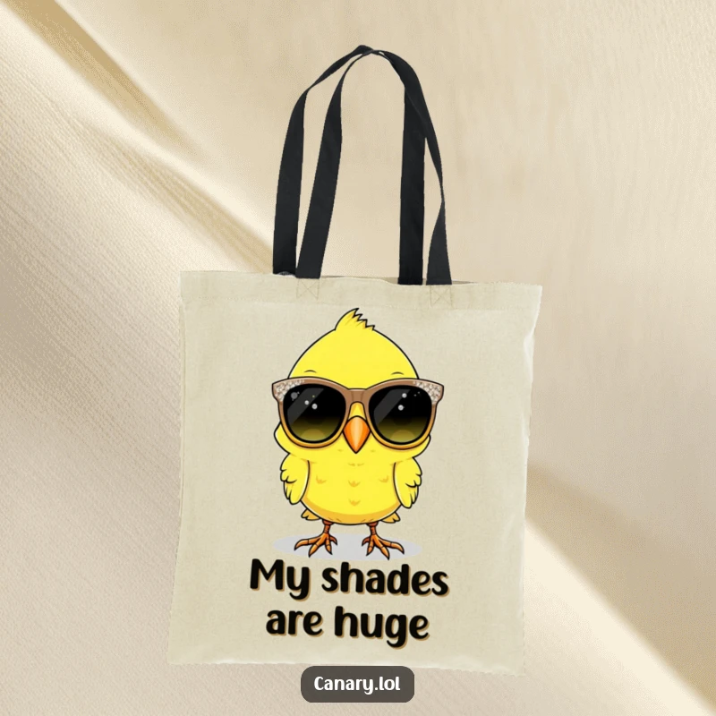 Funny canary bird tote bag with oversized, sparkly sunglasses, ready for shopping and adventures.