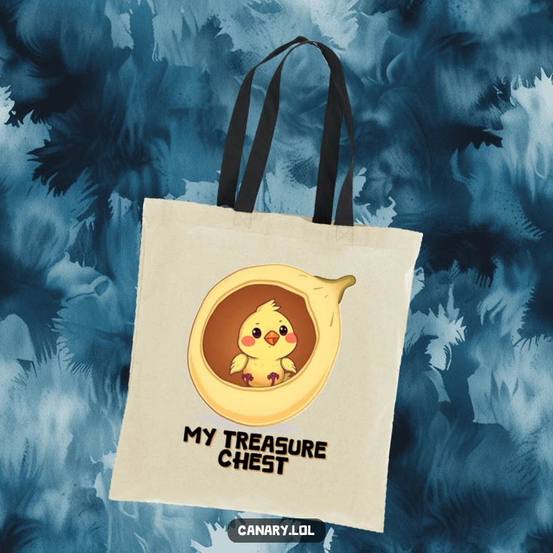Funny canary bird tote bag, curiously peeking from a large seed pod, perfect for carrying daily essentials with humor.