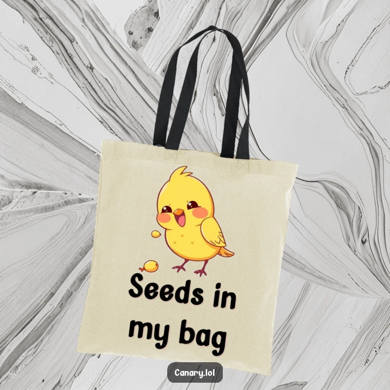 Funny kawaii canary tote bag featuring a bird excitedly pecking at a seed, a humorous and practical item.